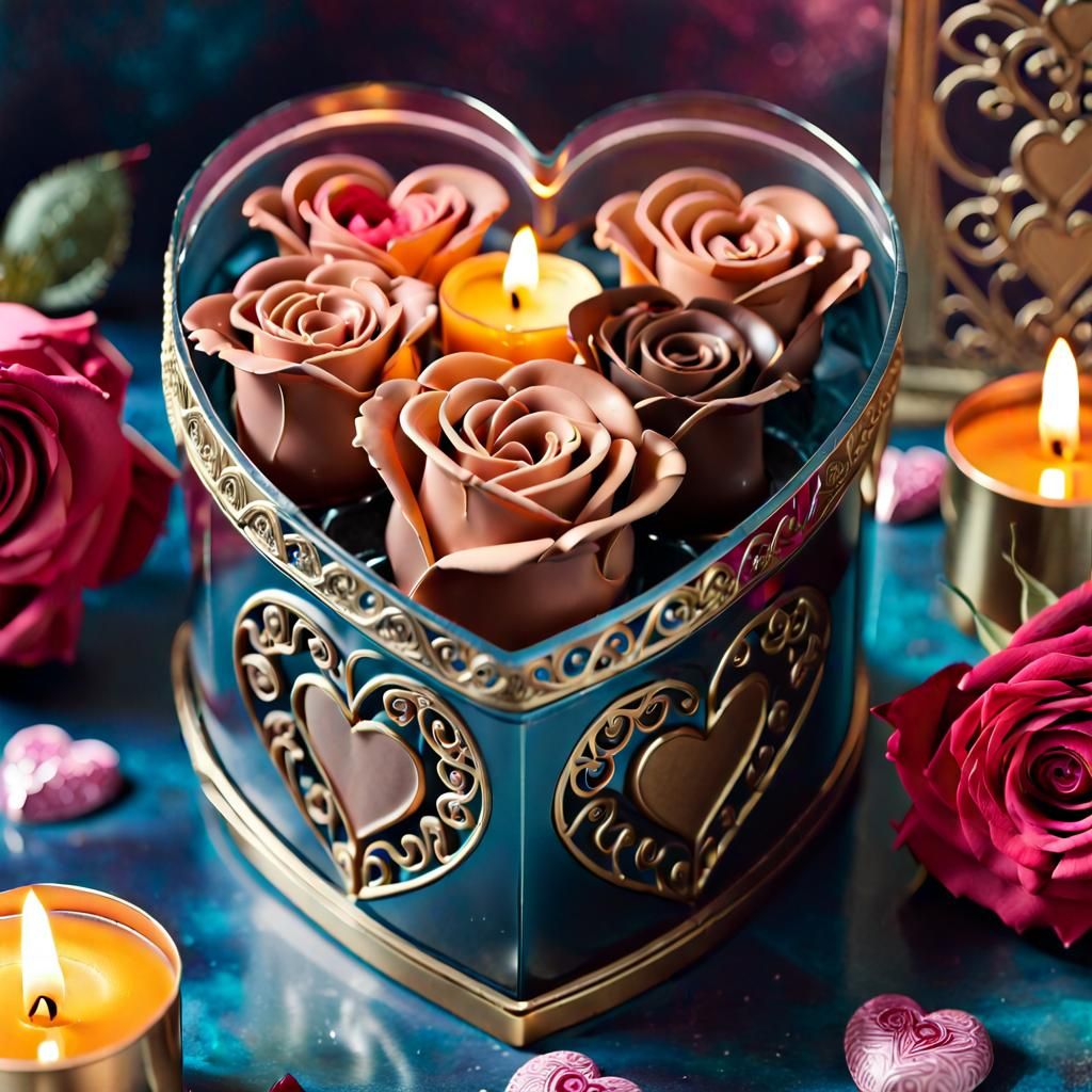 close-up Valentines aesthetic ((heart shaped chocolates in d...