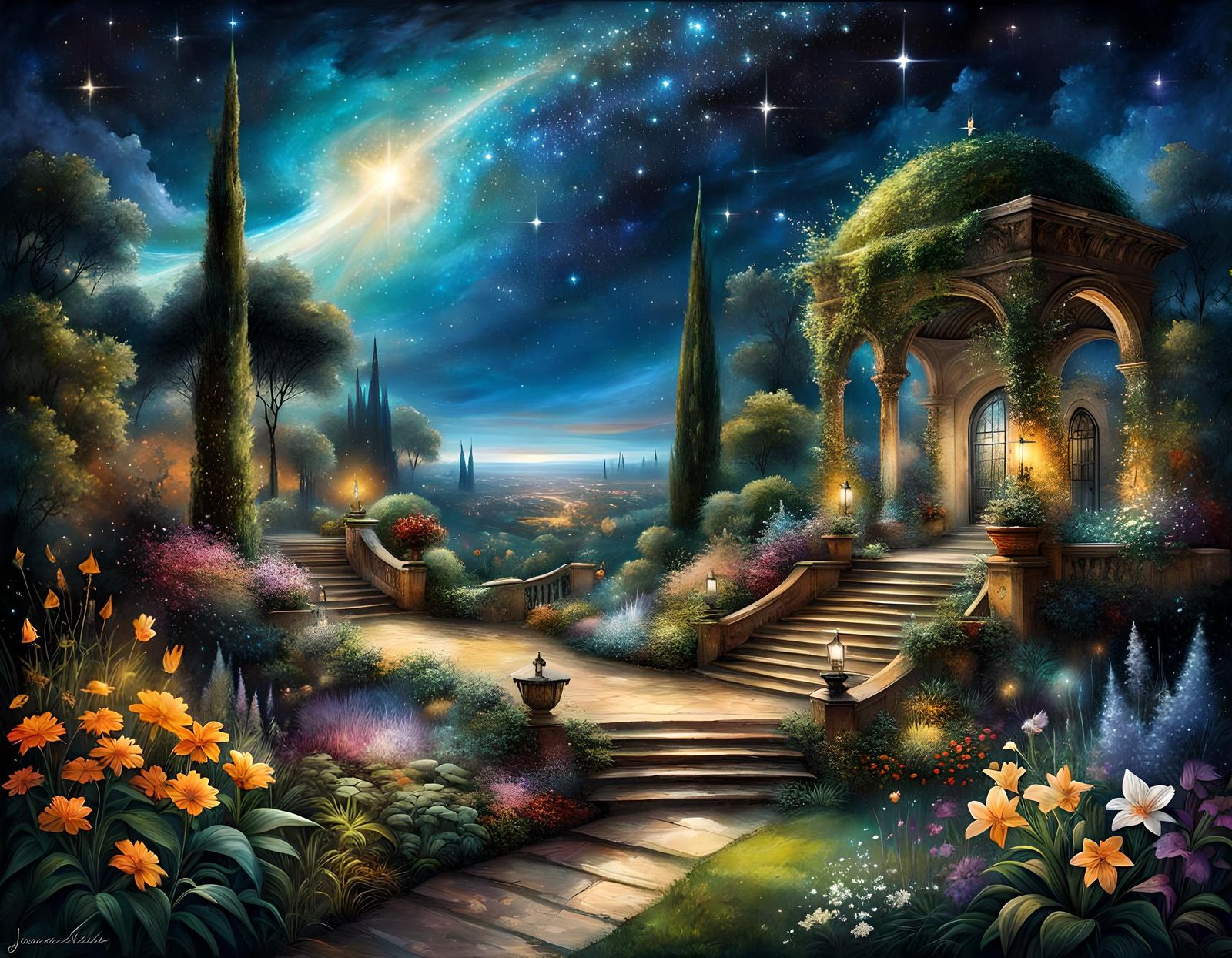 gardens in the starry night - AI Generated Artwork - NightCafe Creator