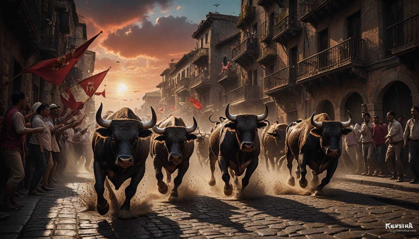 A dramatic and photorealistic action scene capturing the Running of the Bulls through the narrow cobblestone streets of a historic Spanish c...