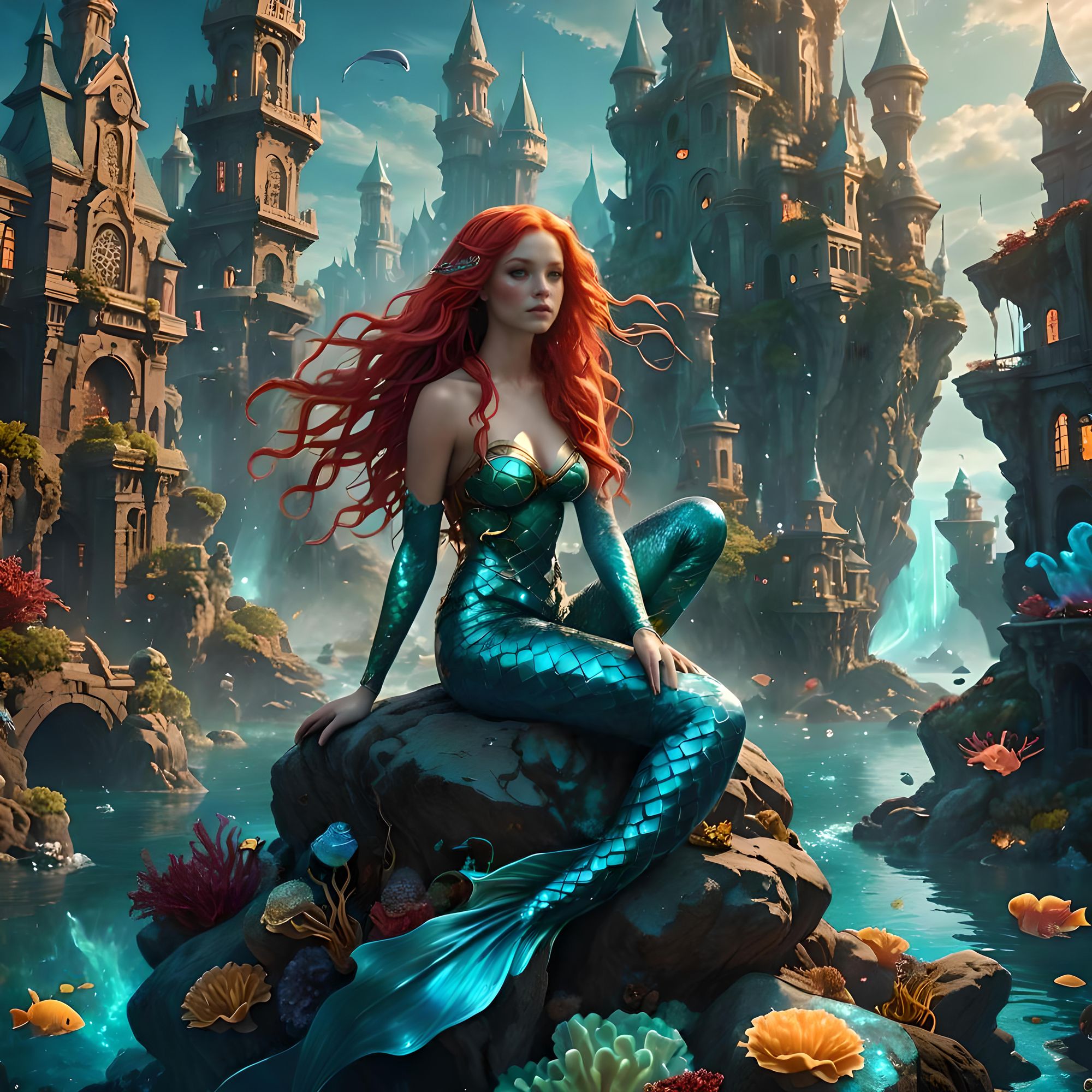 Show beautiful red haired cyber mermaid