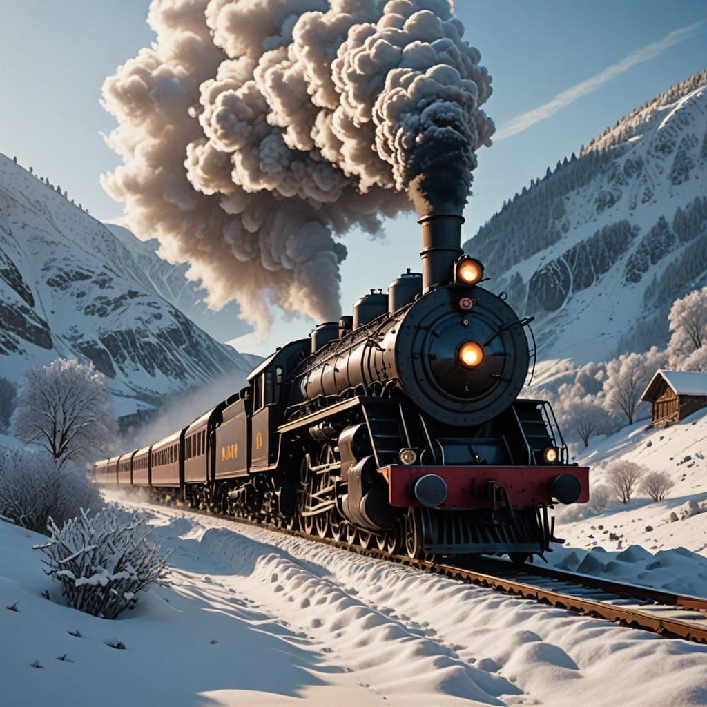 A mesmerizing realistic steam engine train, snowy scenery,in a valley, cinematic lighting,realism