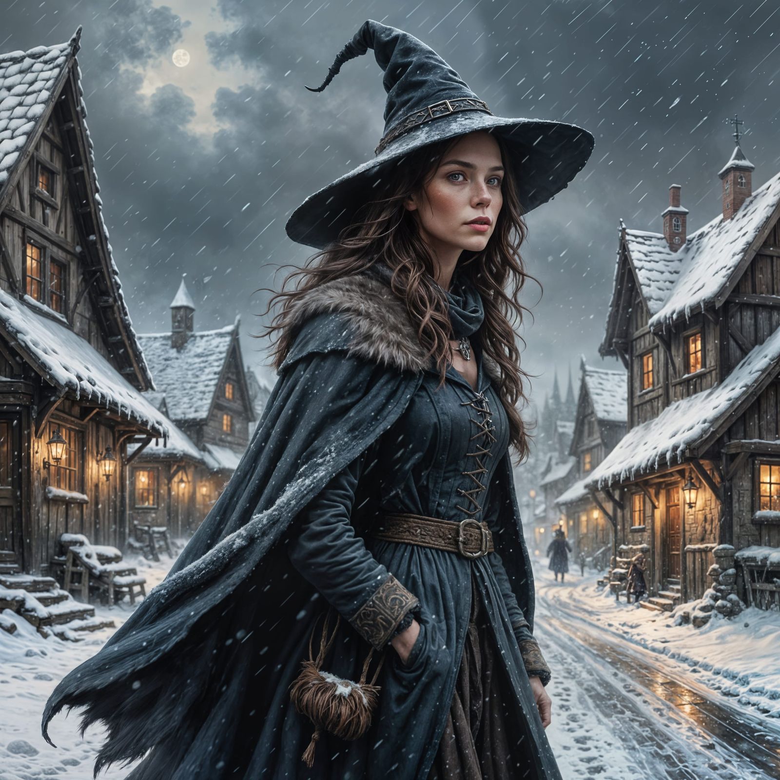 Enchanted Winter Witch Strolls Through Snowy Village