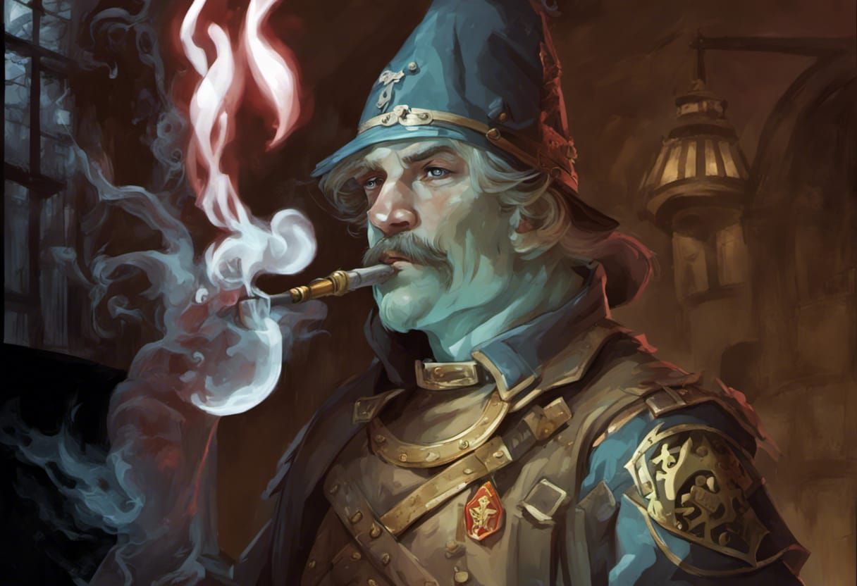 fantasy D&D town guard smokes pipe