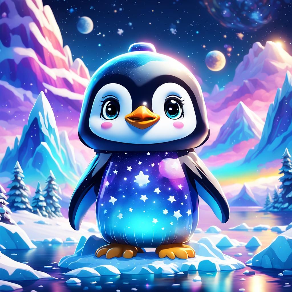 Cute chibi penguin on the ice with a night sky sky Lisa fran...