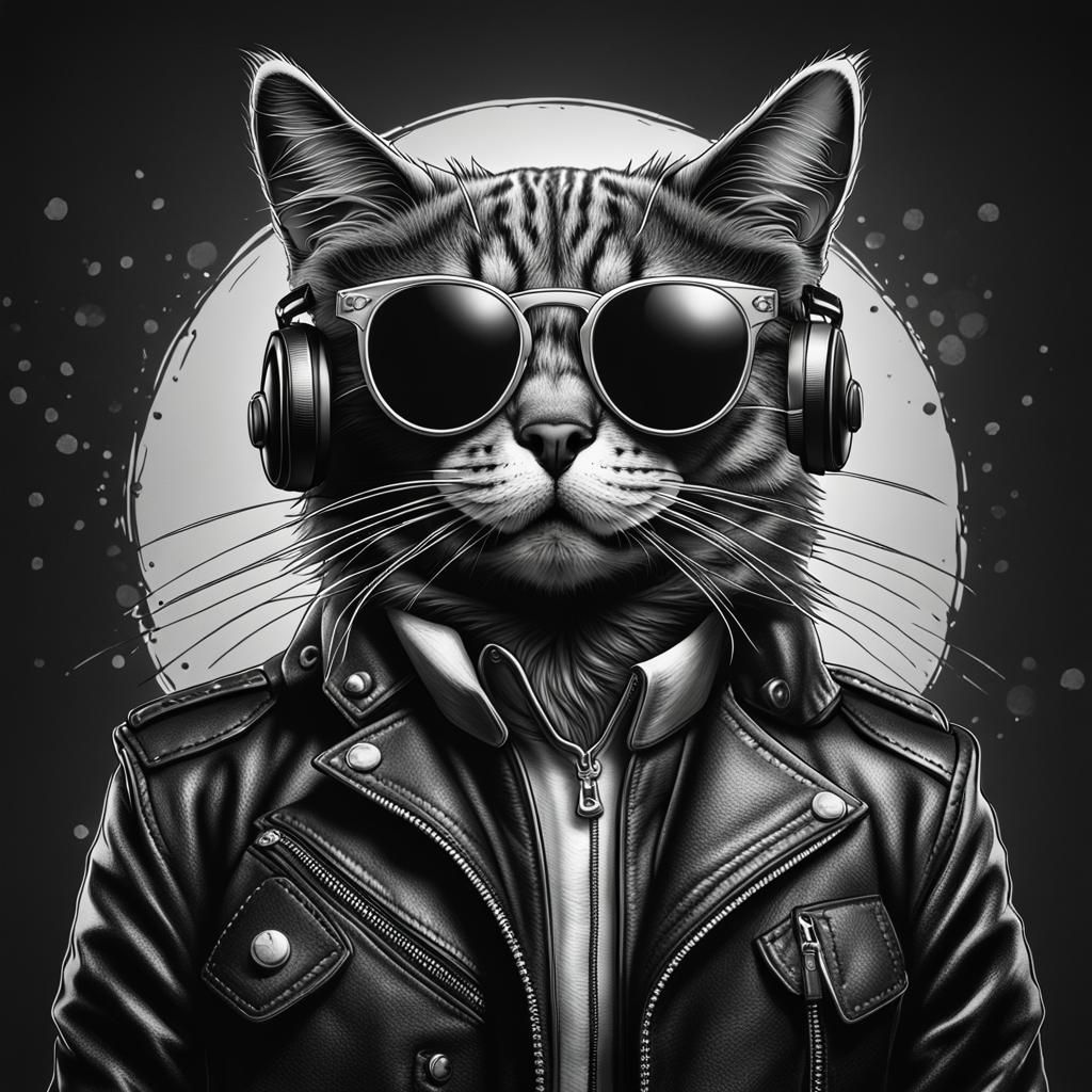 Black and white drawing of a cat wearing sunglasses and leat...