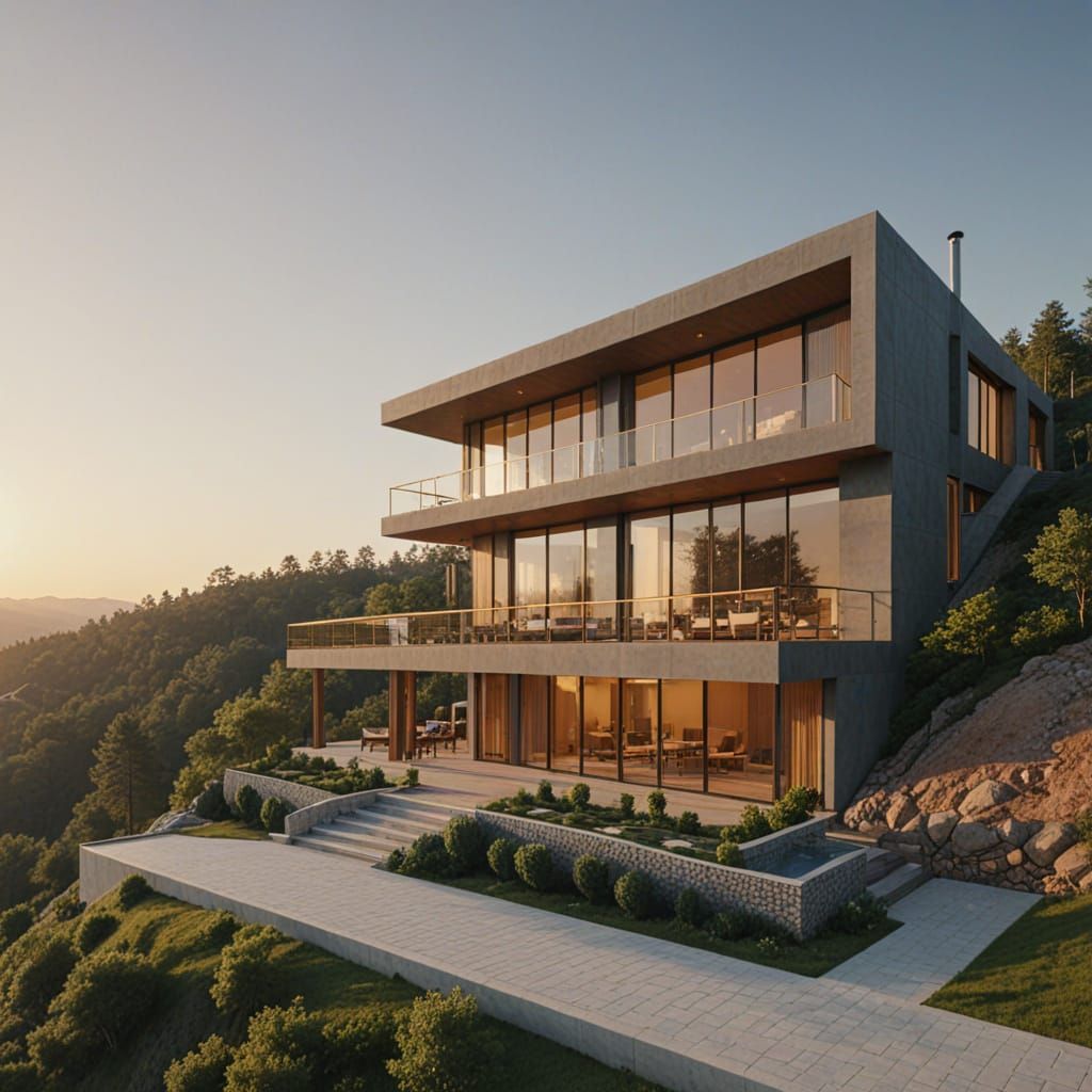 
"Front view of the same modern luxury hillside villa built into a rocky mountain, with an underground driveway tunnel that cuts through the...