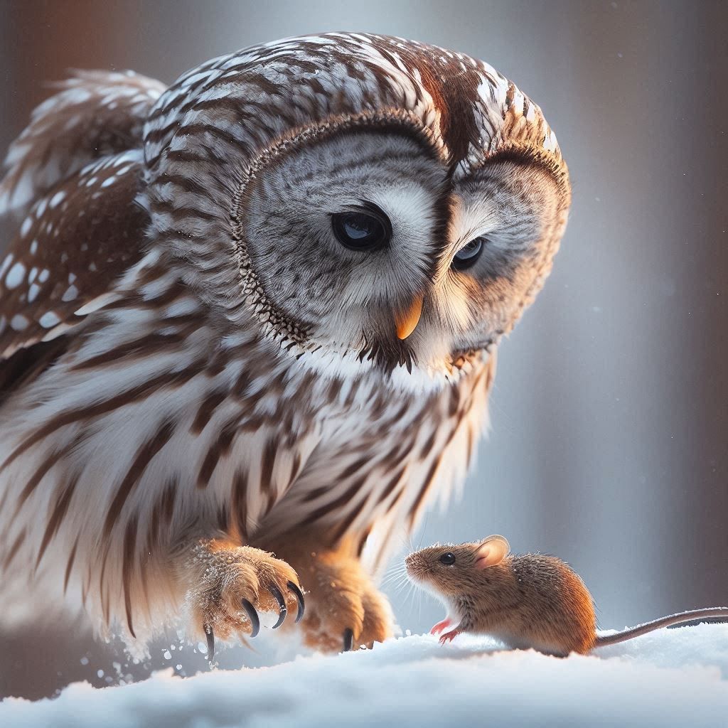 Ural owl attempting to catch a mouse in a snowy forest