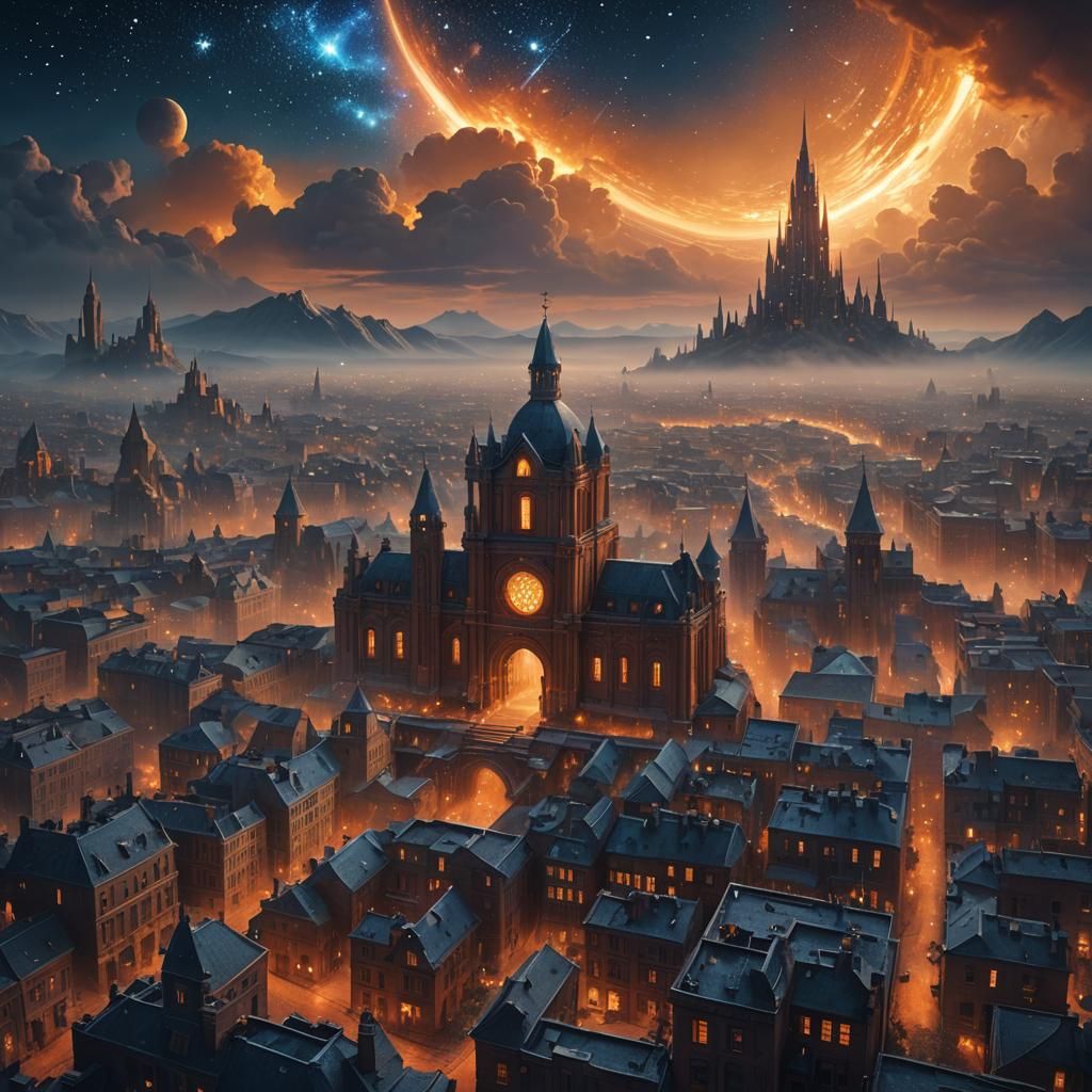 Detailed Cityscape with Glowing Portal in Matte Painting Sty...