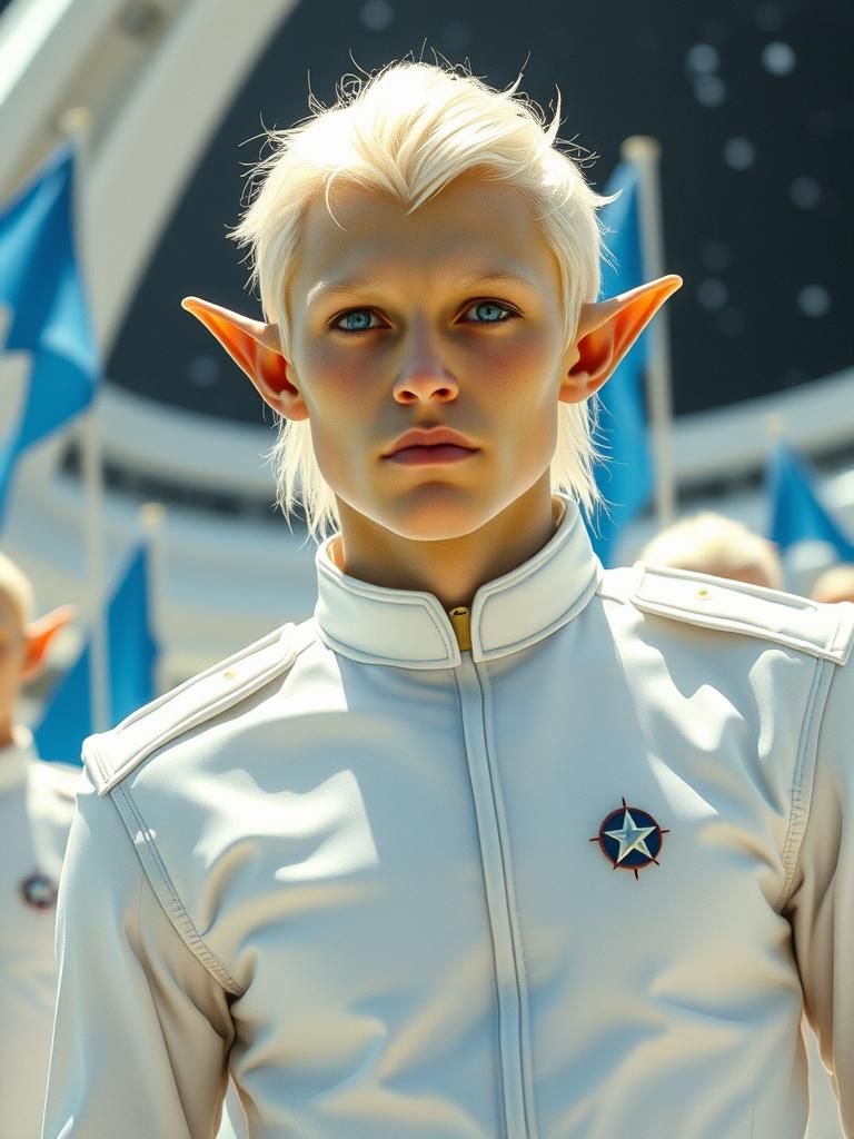 tall male alien elfin commader with pointed ears. very pale green white