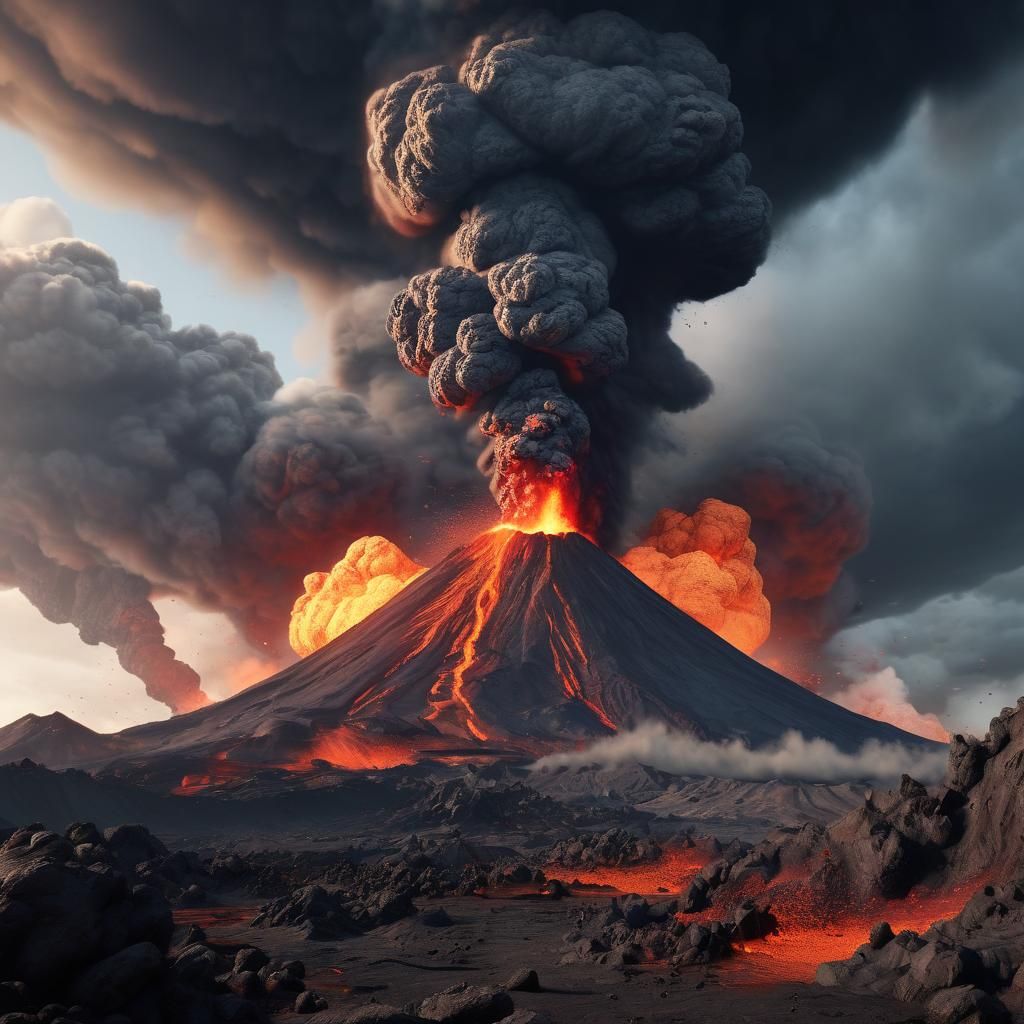 The word "Boom!" spelled out in the smoke from an erupting v...