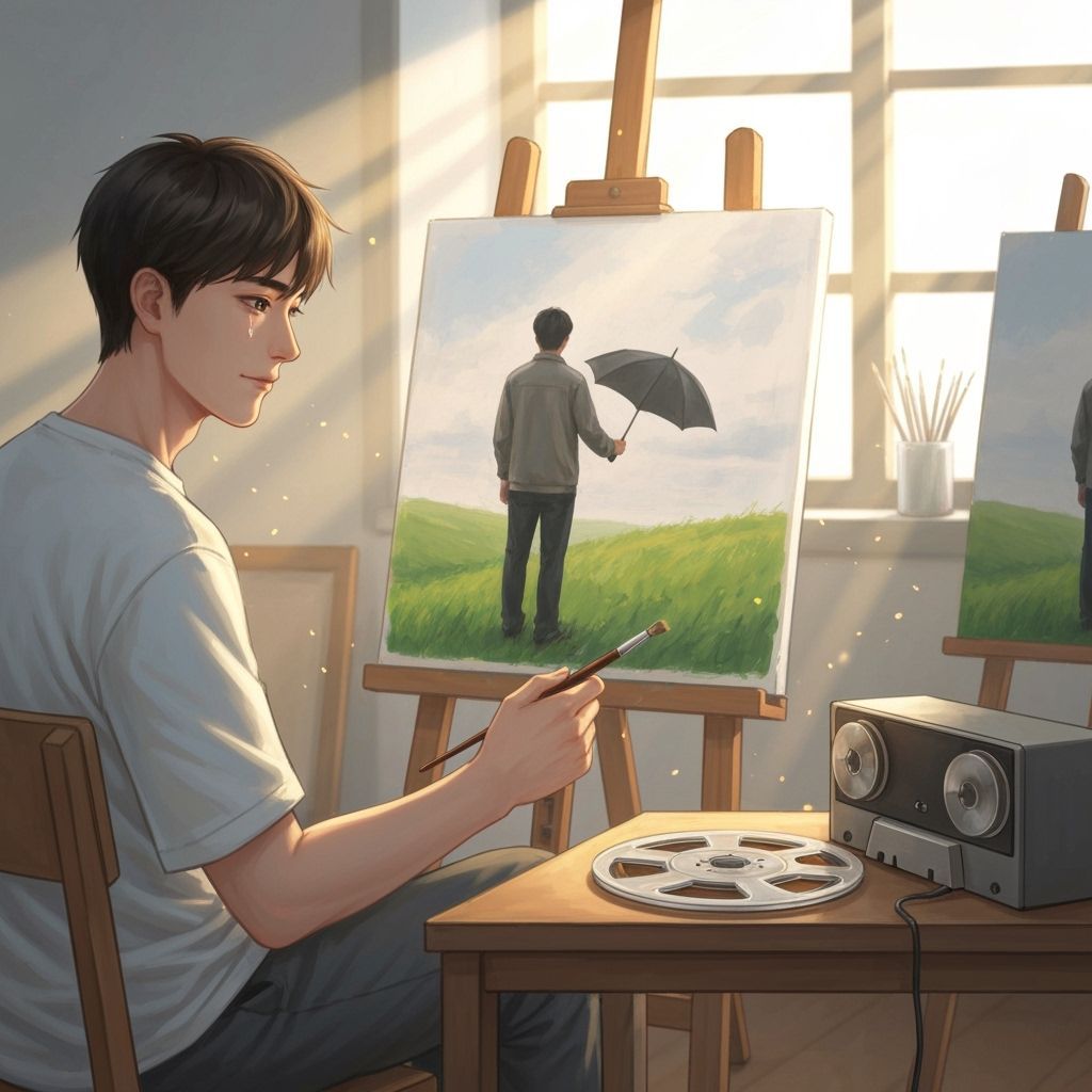 Young Artist Paints Father's Memory in Sunlit Studio