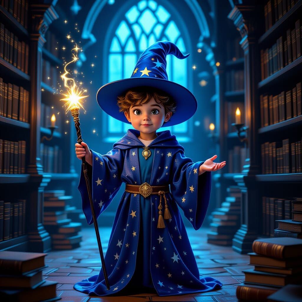 Handsome Young Magician in Mystical Library