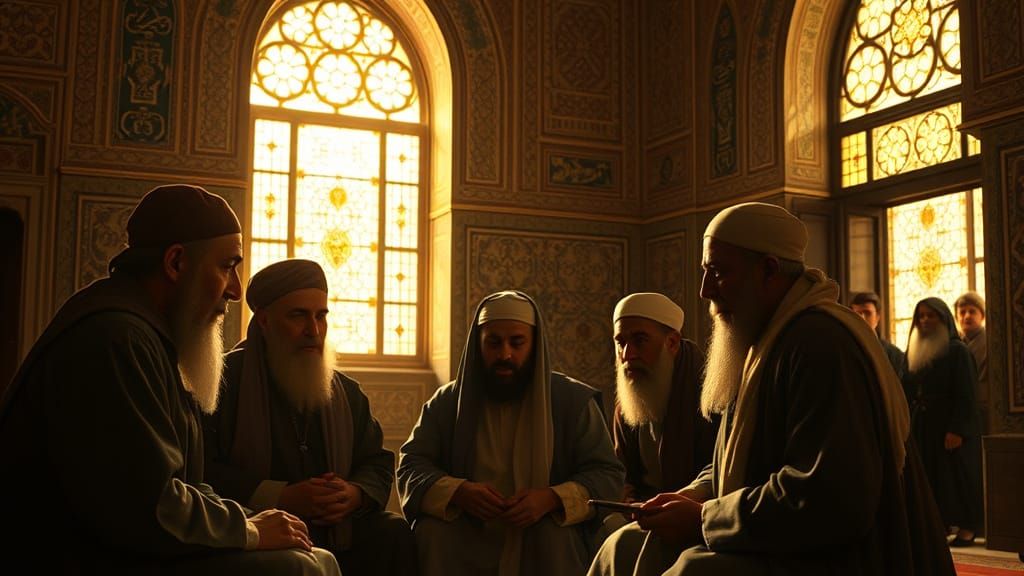 Scholars in Majestic Mosque, Shot in Cinematic Style