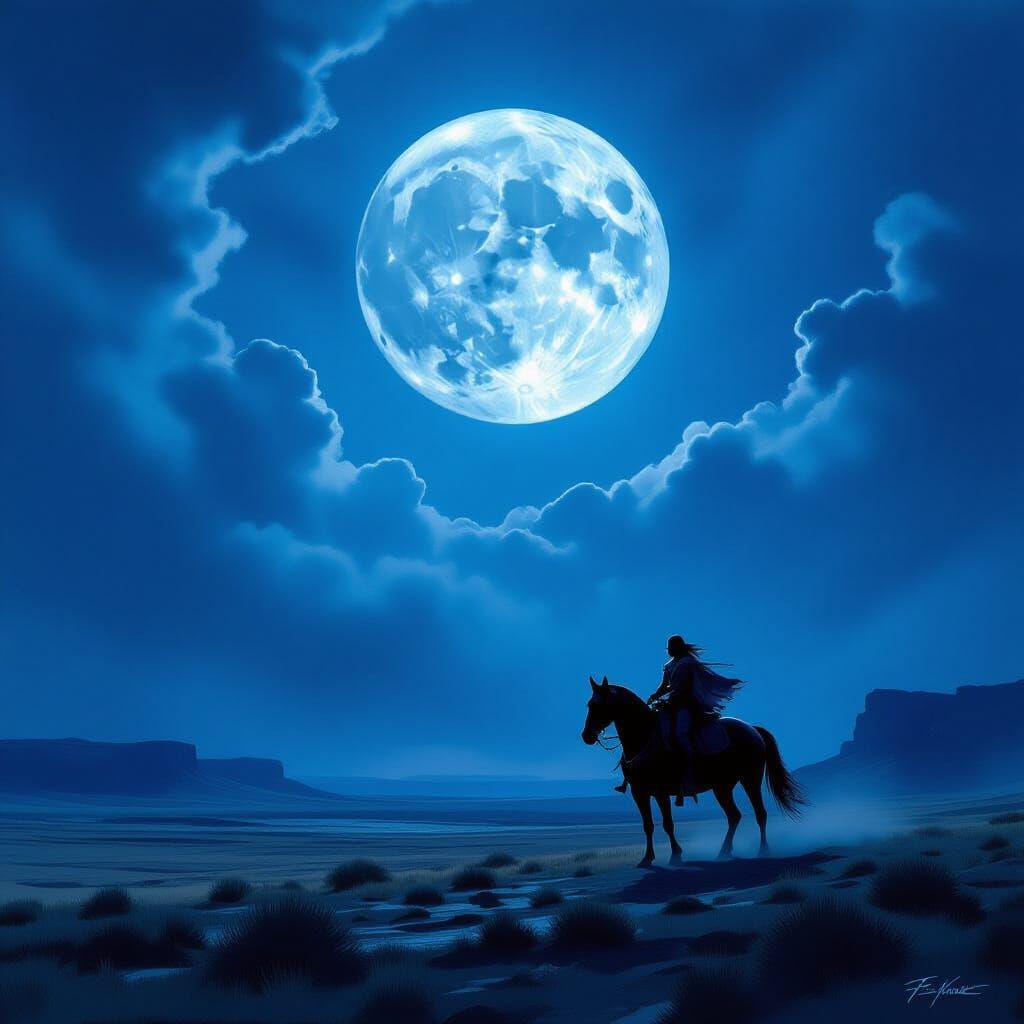 Lone Warrior on Horseback in Epic Moonlit Landscape