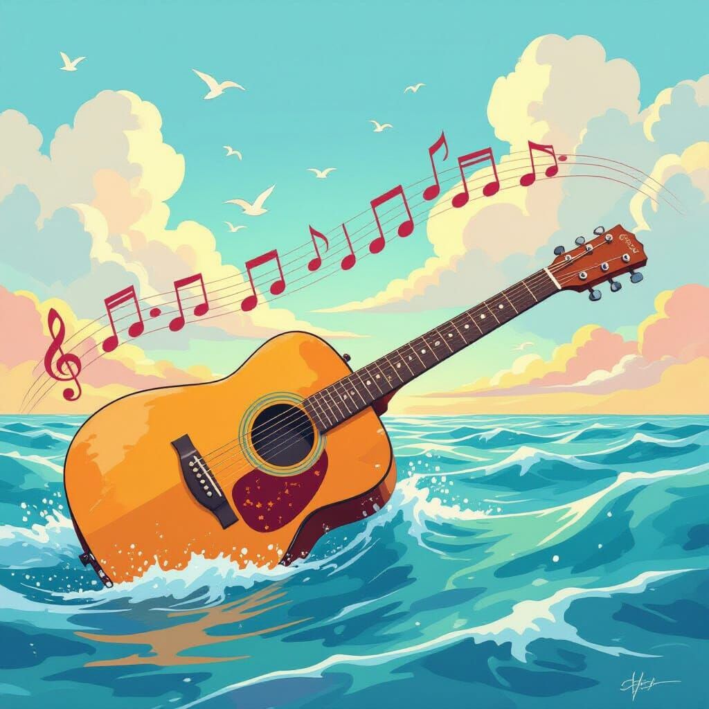 Guitar on Sea: Whimsical Dreamscape in Watercolor Style