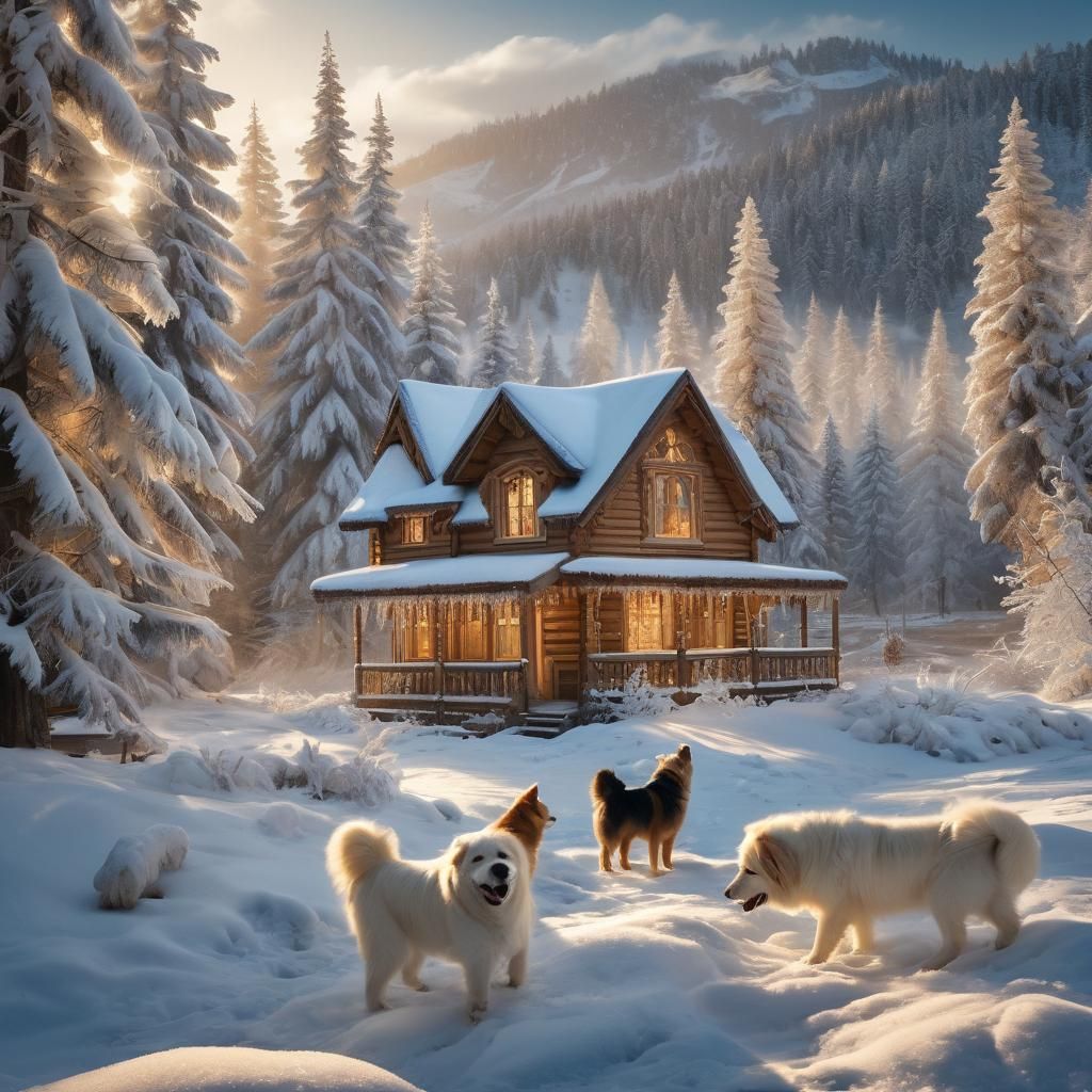 Snowy Mountain Landscape with Spitz Dogs