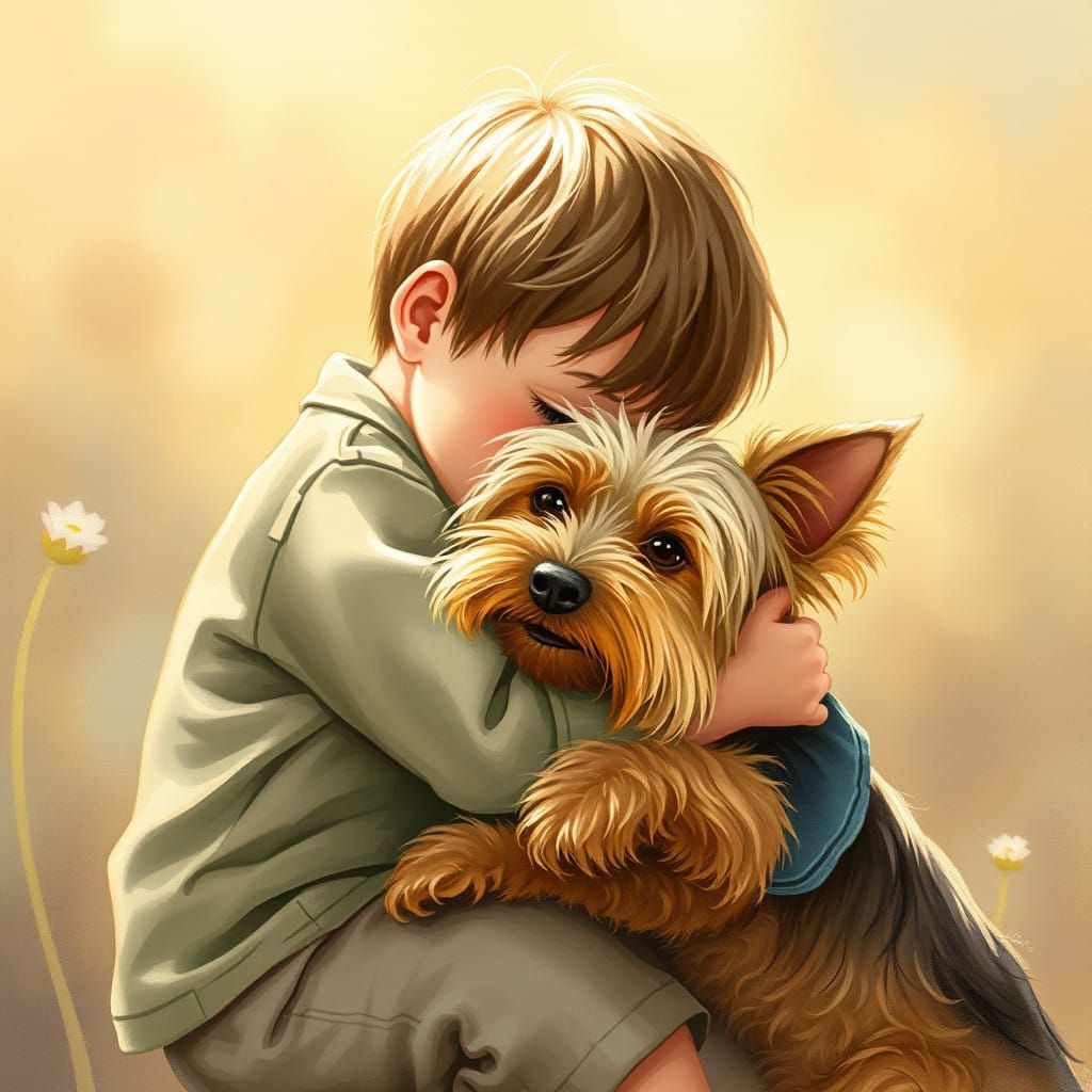 Whimsical Watercolor Scene of Boy and Yorkshire Terrier in W...
