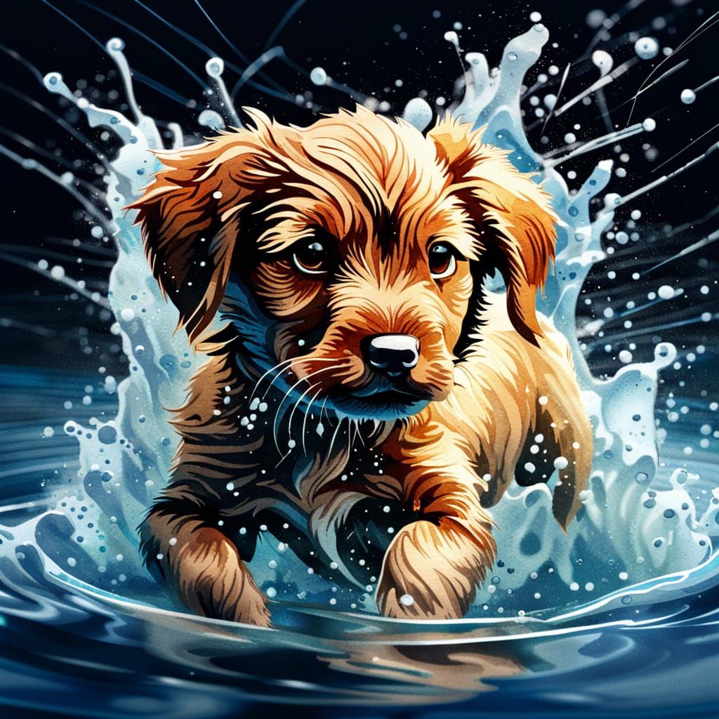 Puppy in water, swimming