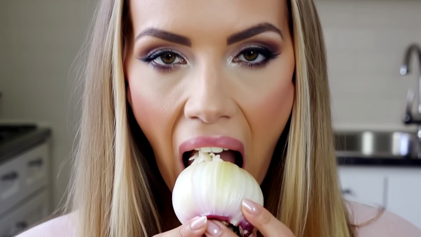 A beautiful blonde woman eating an onion while staring directly at you with an insane look in her eyes
