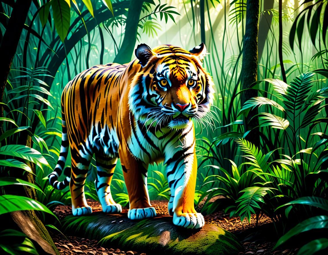 wide  shot of one tiger beautiful big eyes  perfect anatomy ...