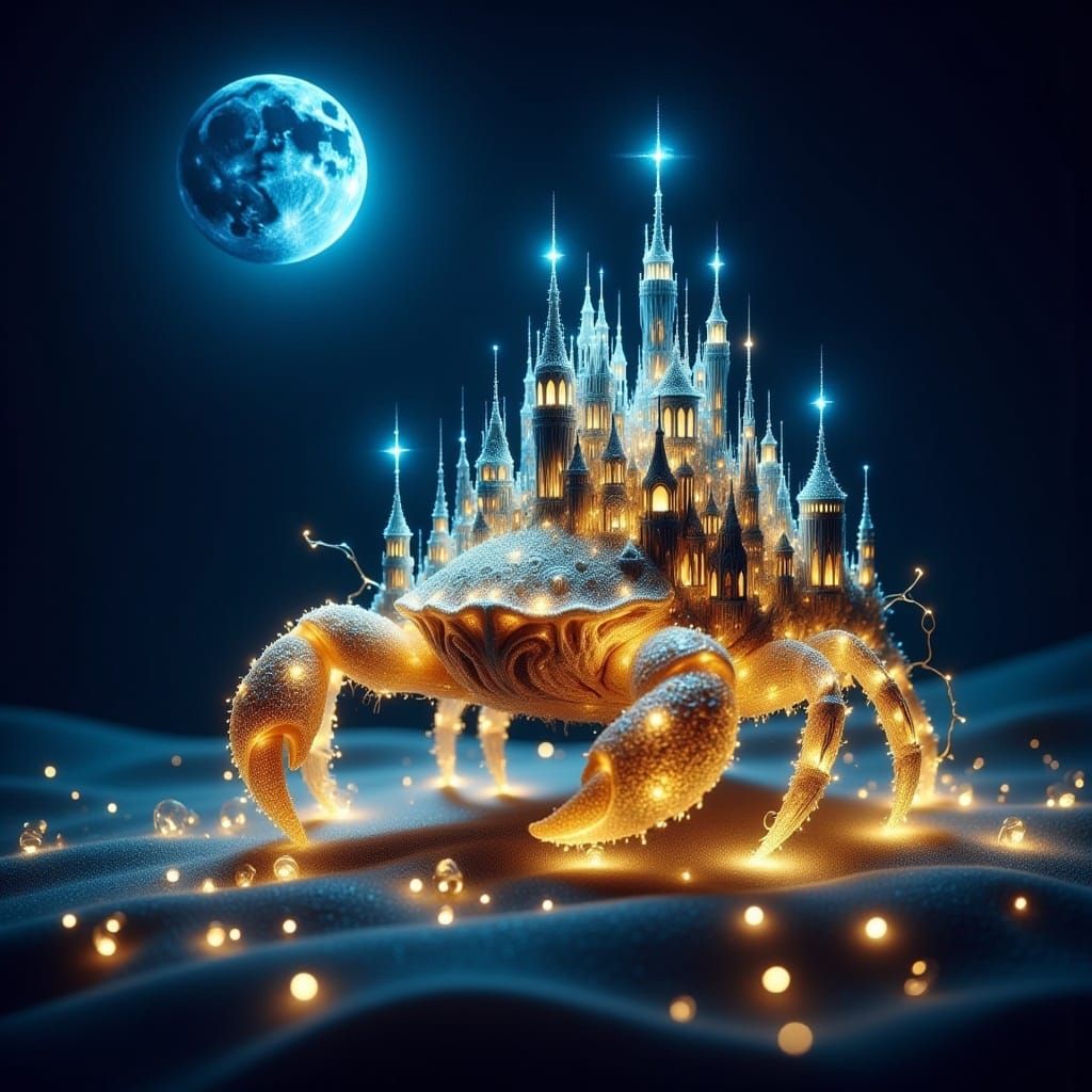 <lora:Fairy Lights:1.0> An ethereal, otherworldly hermit crab, intricately formed from glistening strands of golden fairy lights, glides gra...