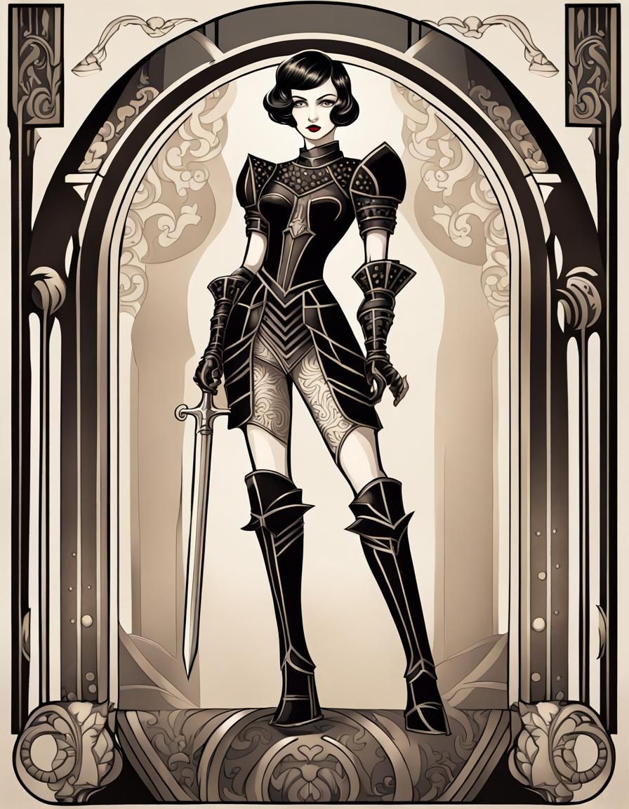 An ornate art deco gothic full body shot of a cute pin-up be...