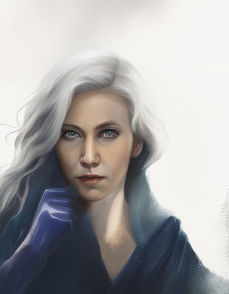 A portrait of a woman wearing thanos' glove