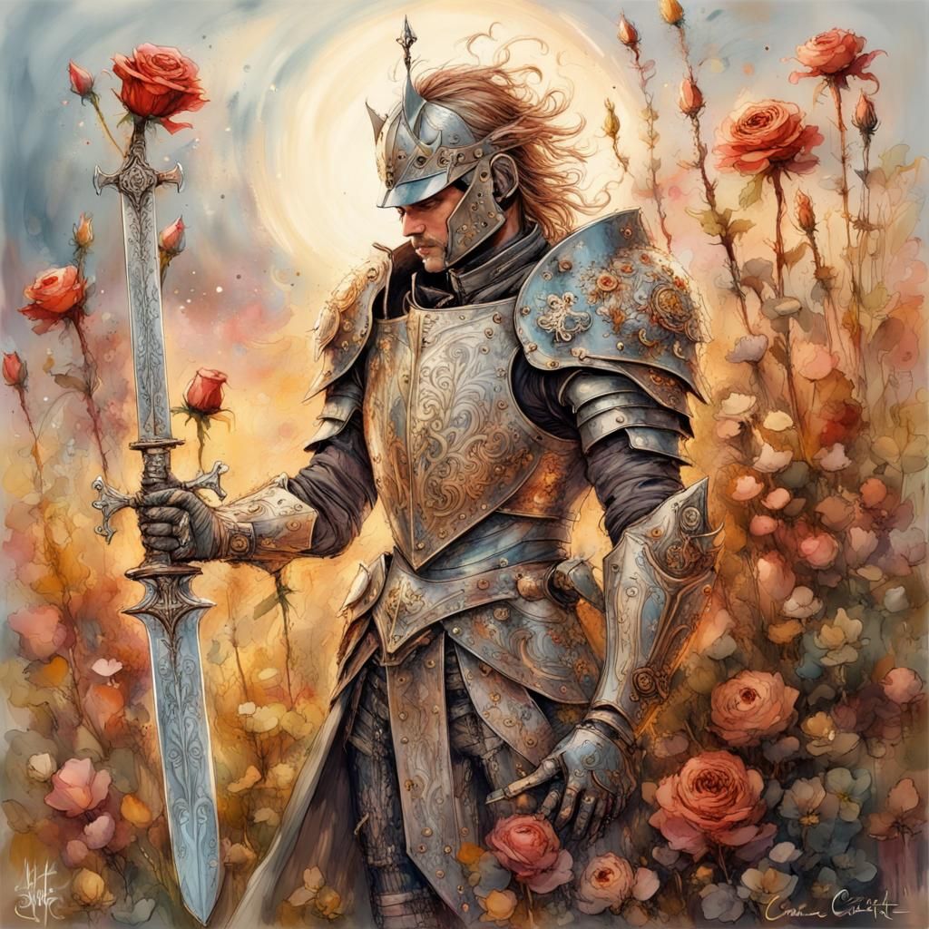 Gothic Knight with Enchanted Sword in Fairycore Meadow