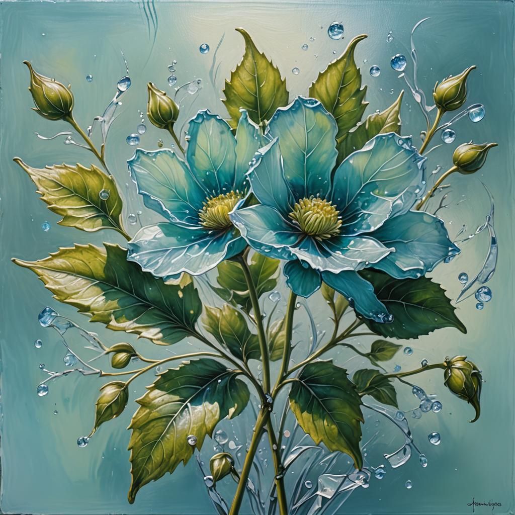 glass transparent flower with leaves with frozen flowers in light blue and green colors  by @Mila K