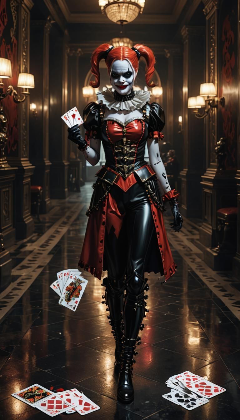 Realistic portrait of a Harley Quinn Create a playing card of the Jack of Clubs as a Skeleton figure, perfect mirror ima...