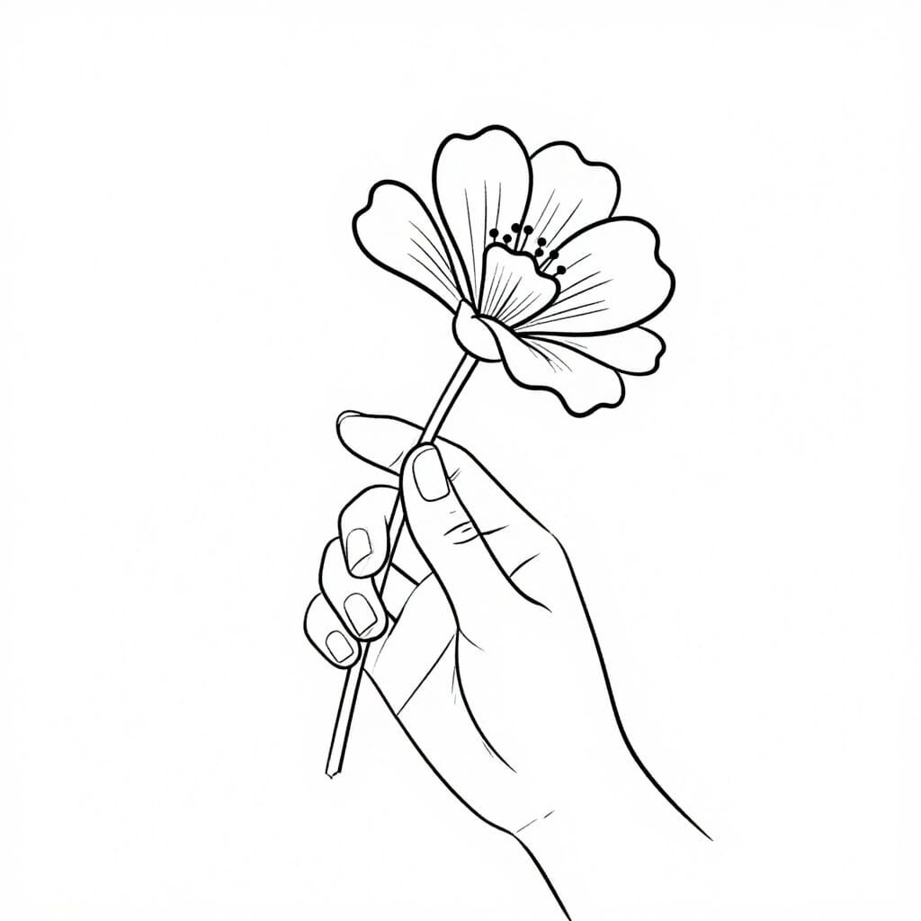 Minimalist Single Line Drawing of Hand Holding Flower
