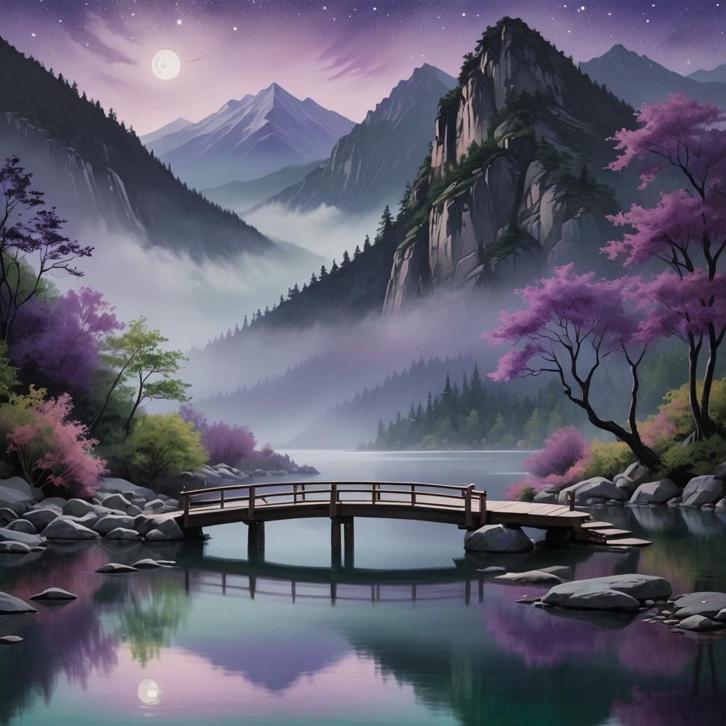Serene lakeside meditation with tulle-wrapped bridge, colorf...
