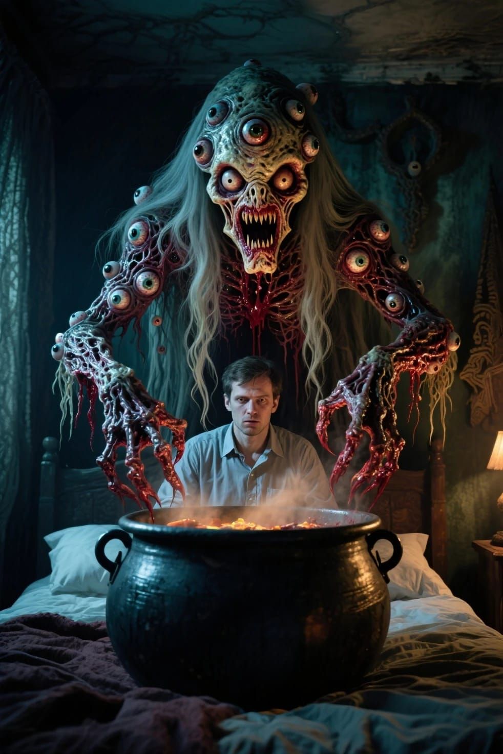 Demented horror creation I just made of baba yaga with a bubbling cauldron standing next to a very scared man.