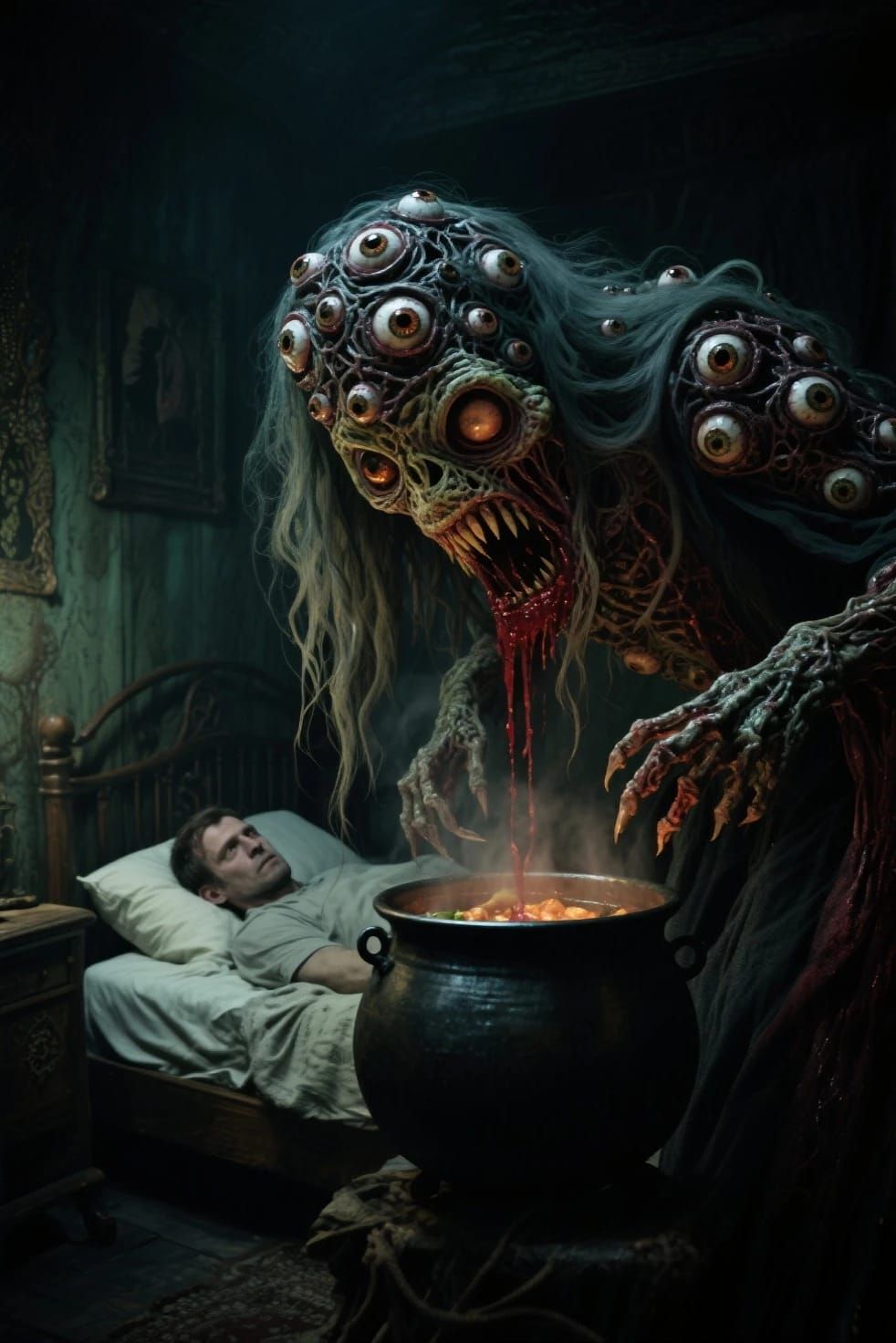 Scary horror creation I just made of evil witch baba yaga with a bubbling cauldron standing next to a scared man ready t...