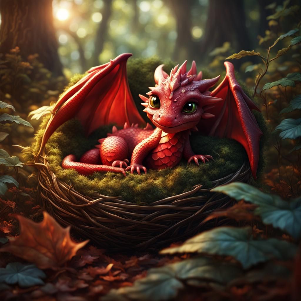 A cozy scene of a baby dragon, red scales glimmering, curled...