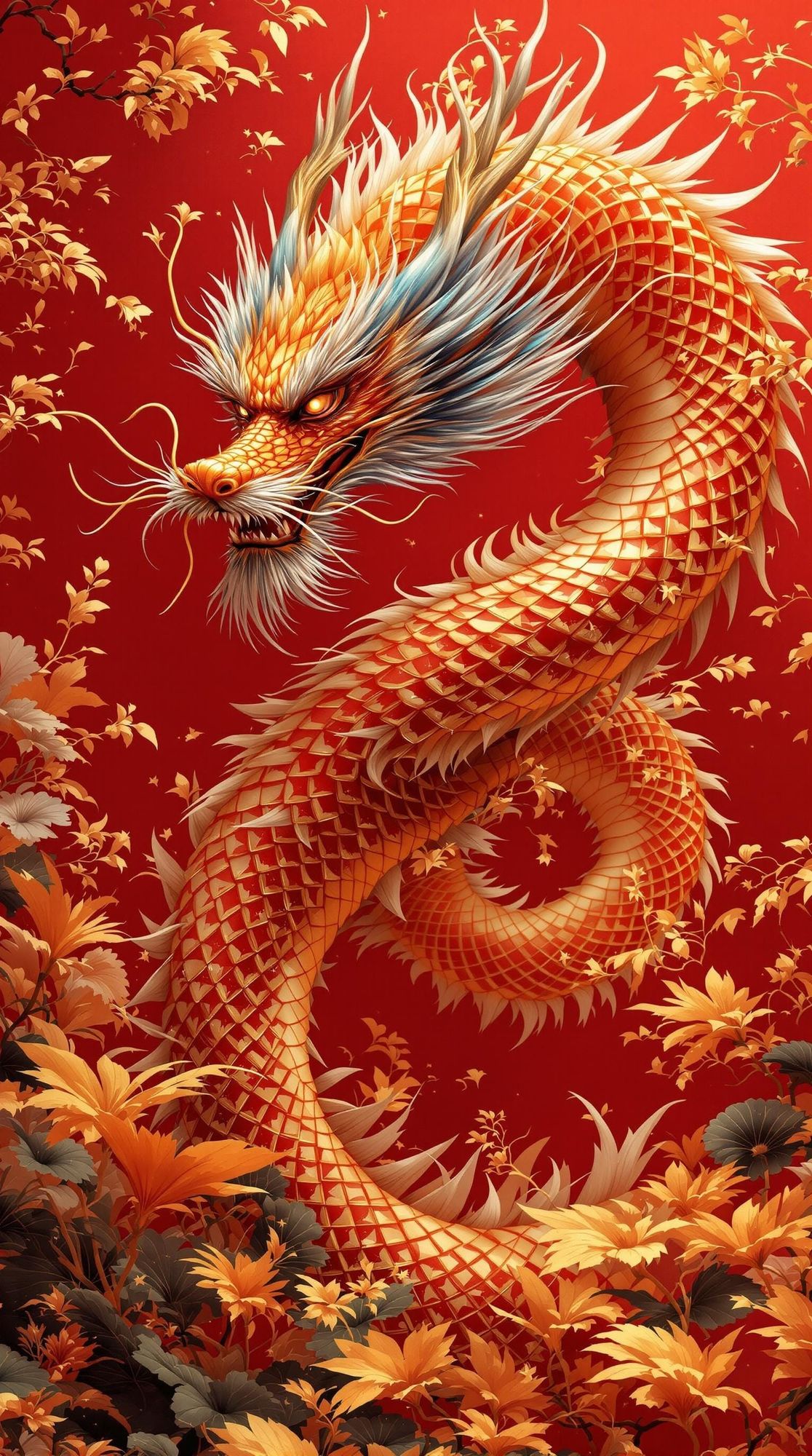 Chinese New Year，covered with gold plants，chinese dragon，red background，three-dimensional dragon scale