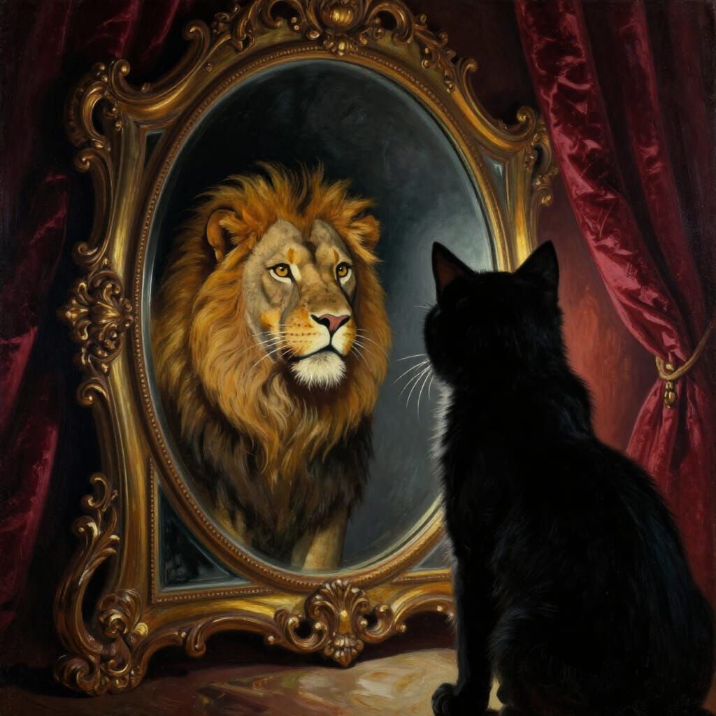 Cat's Reflection Reveals Lion's Power in Surreal Oil Paintin...