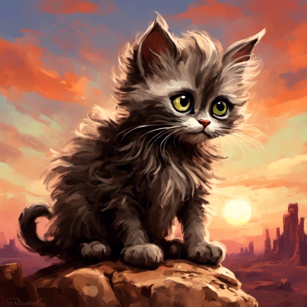 A Grumpy Kitten sitting on a rock, stunning desert sunset. Endless landscape view. <lora:SybilThorn-LORA6:1.0> 