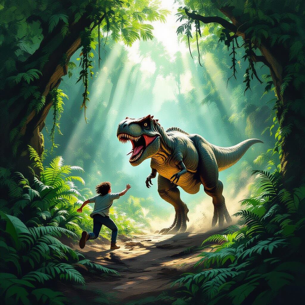 T-Rex Chases Person Through Prehistoric Jungle