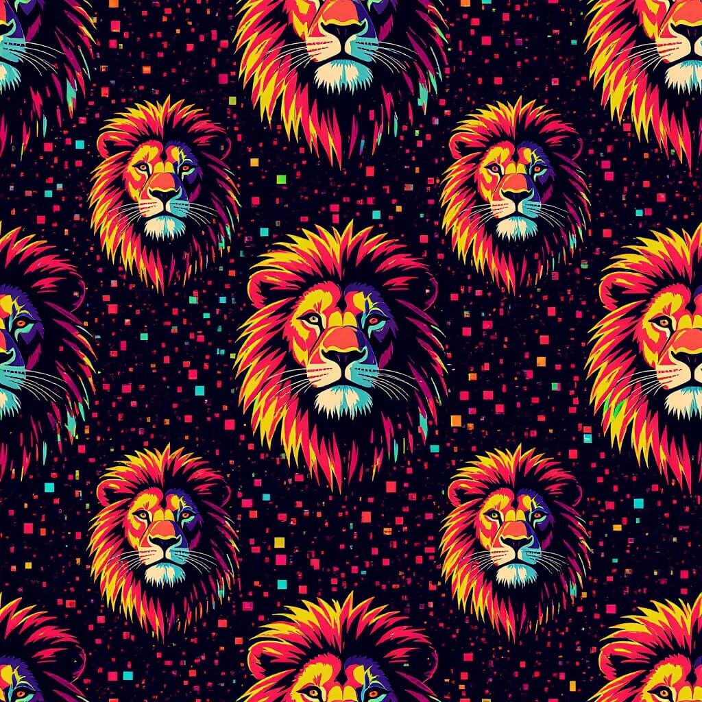 Glitch art. Sock design. A repeating pattern of glitching lions fragmenting into digital confetti, their majestic forms dissolving into a ch...