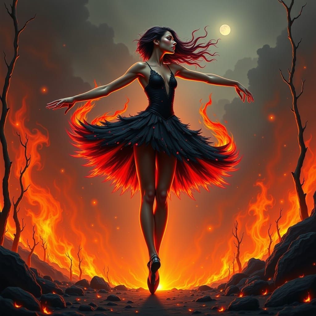 Petite, fiery sprite with crimson and amber hues, posed in arabesque ballet stance, suspended mid-pirouette, amidst desolate charred landsca...