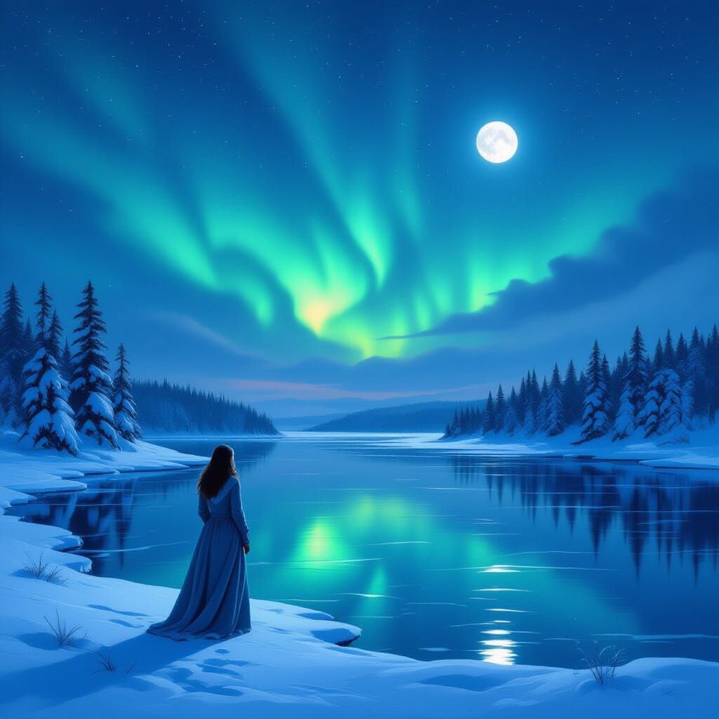 Aurora Borealis Over Frozen Lake: A Classical Painting