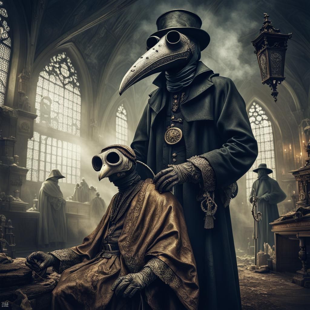 A plague doctor in a beaked mask presiding over a dying man, grim ...