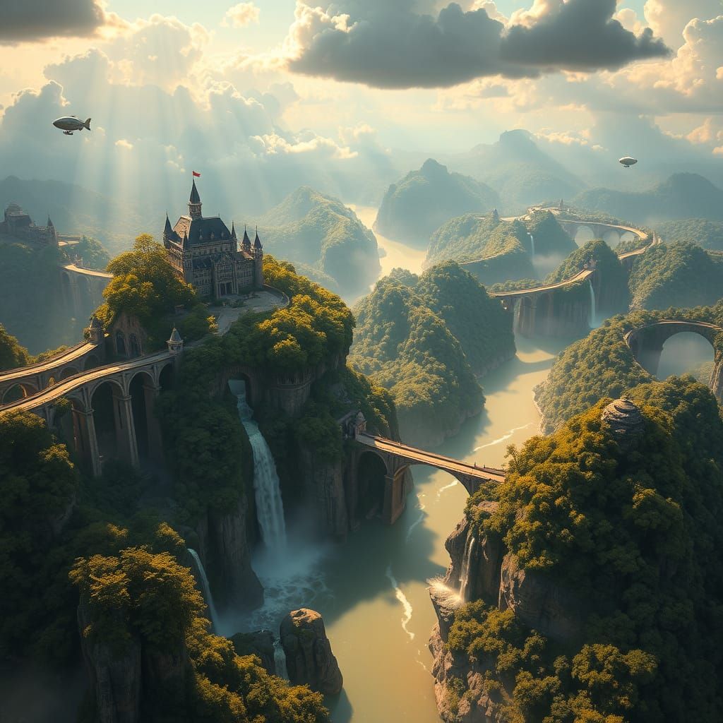 "A breathtaking panorama of a chain of petites îles connected by ornate stone bridges, featuring a majestic ...  by @Jean Claude