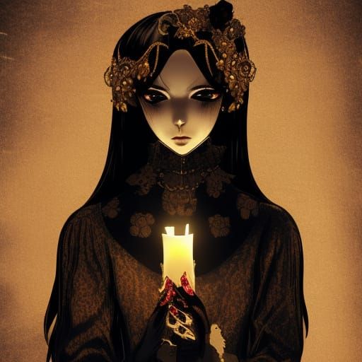 young woman, victorian, wearing a candle, creepy, dark, horr...