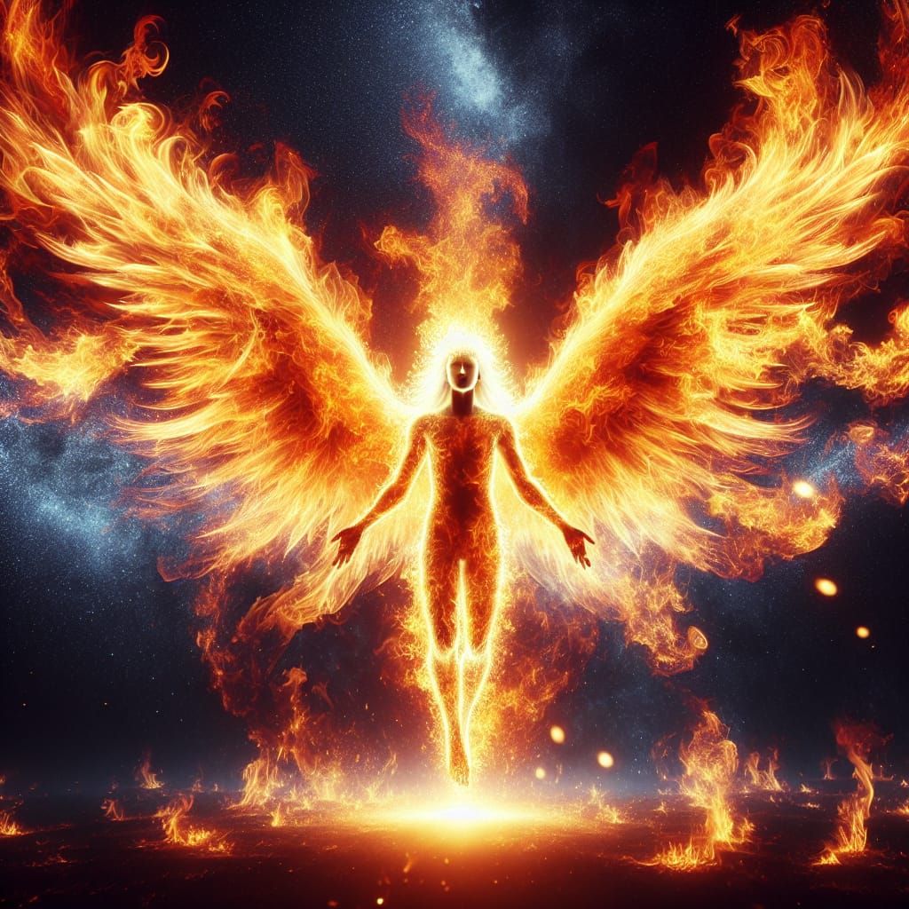 A majestic angel emerges, sculpted from vibrant, dancing flames.