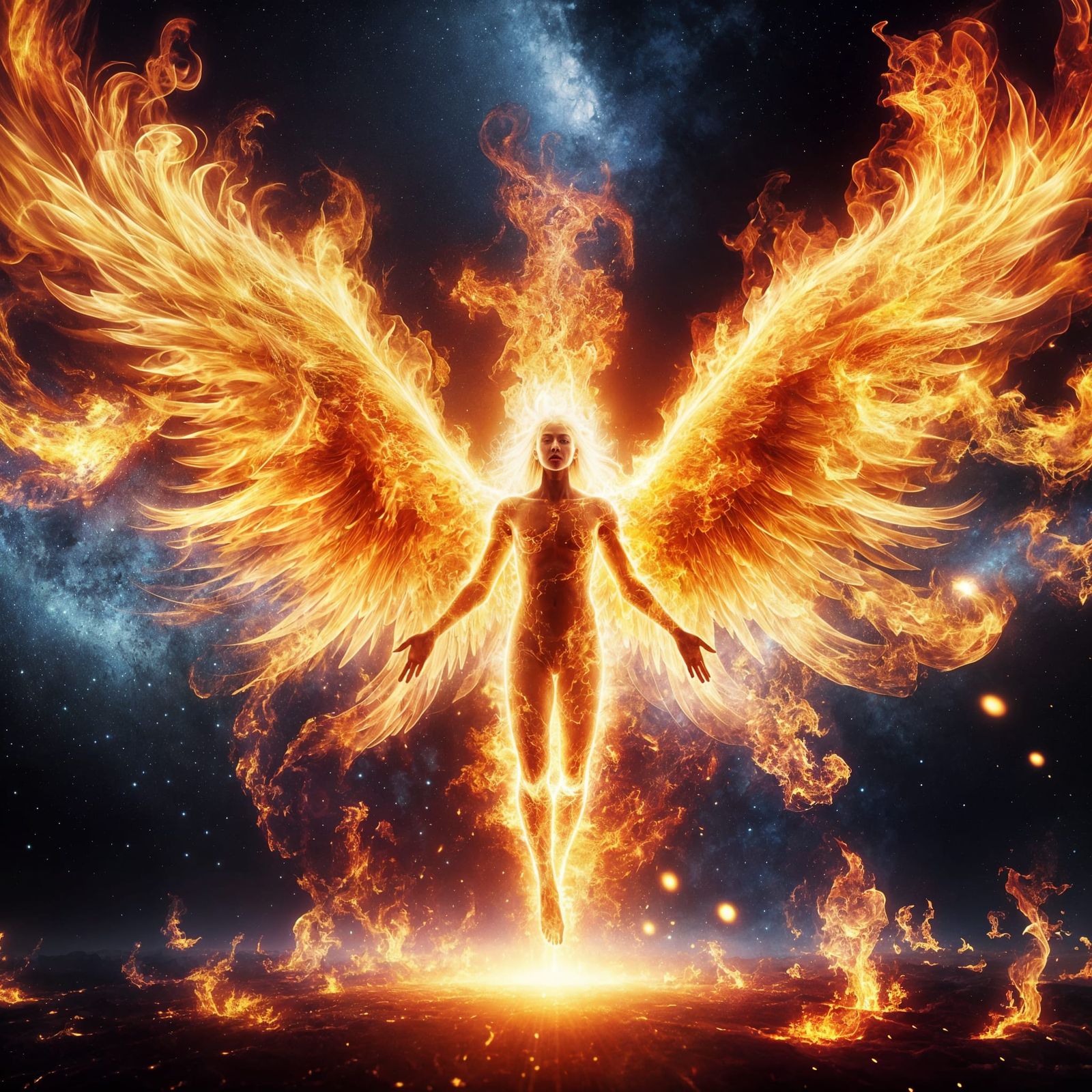 A majestic angel emerges, sculpted from vibrant, dancing flames.  by @Phantazia