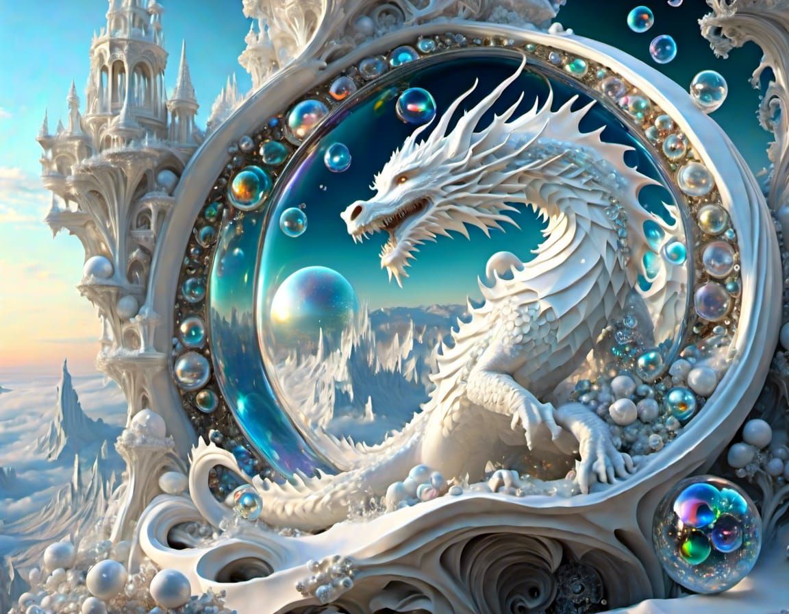 White_Dragon, Cliff, Glass, Rococo, Cosmic, Infinity, Iridescent <lora:Bubblescape:1.0> 
