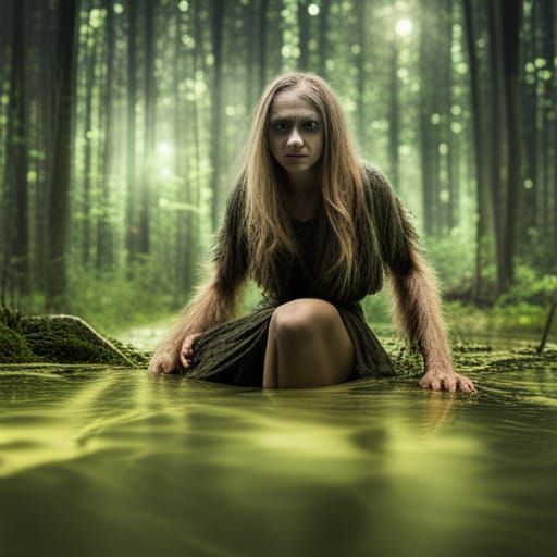humanoid female werewolf in strange swamp