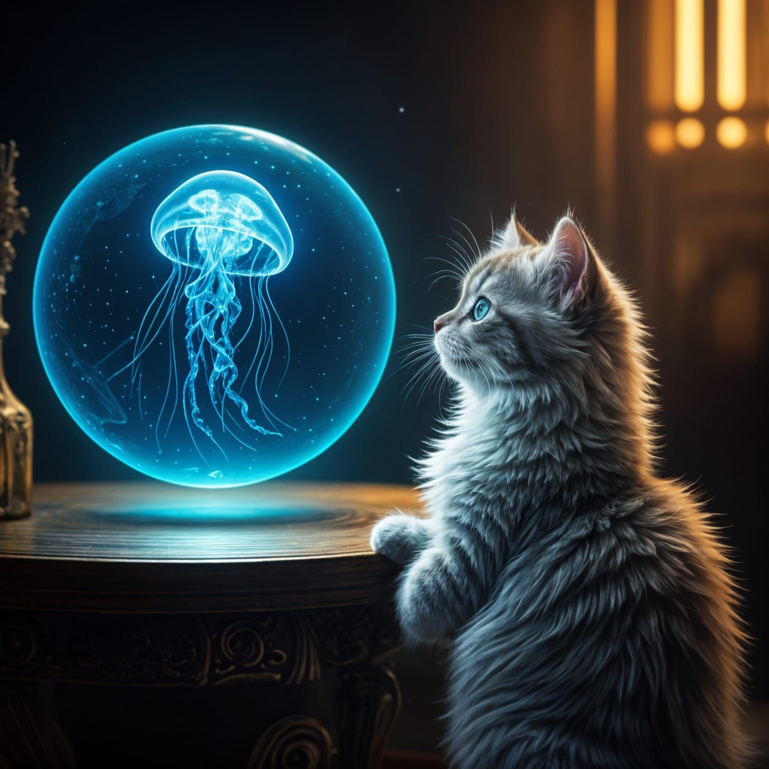 Cat Staring at Blue Jellyfish Hologram  by @dizzy